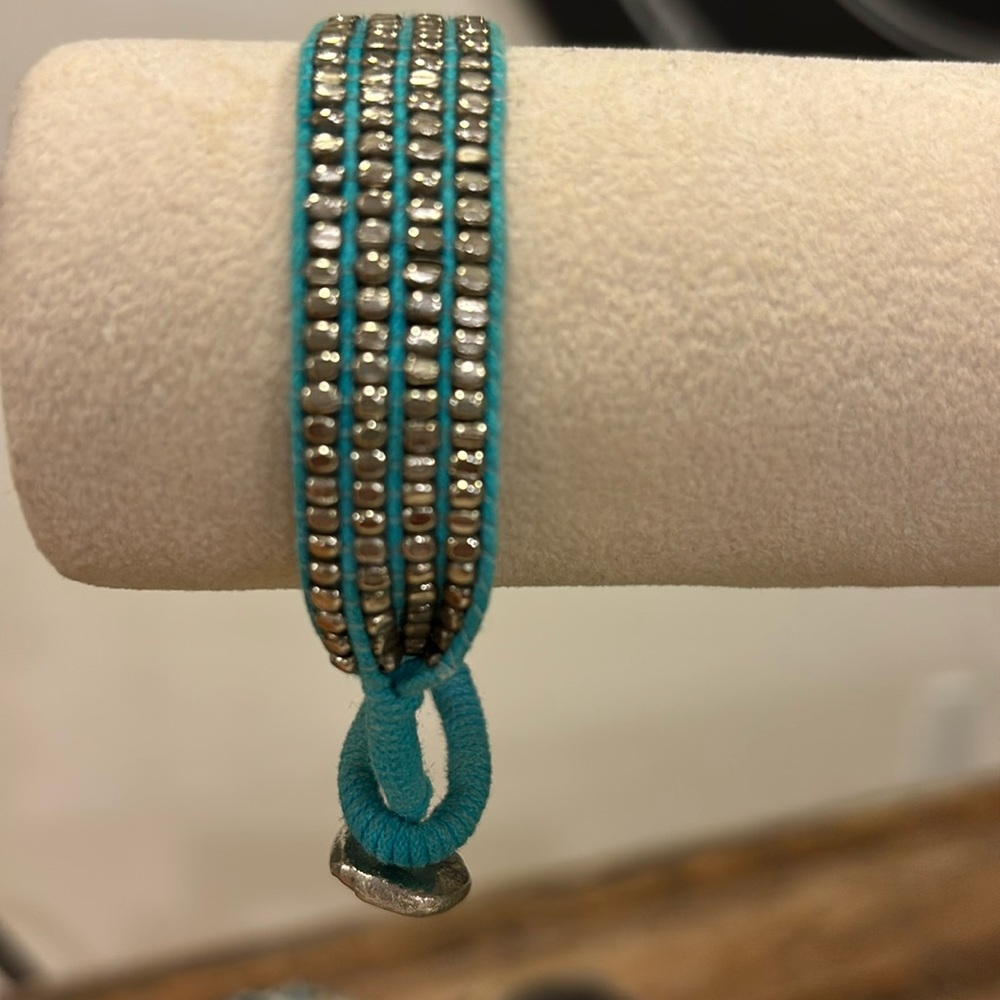 Teal/turquoise color, silver studded Boho cotton strap bracelet.